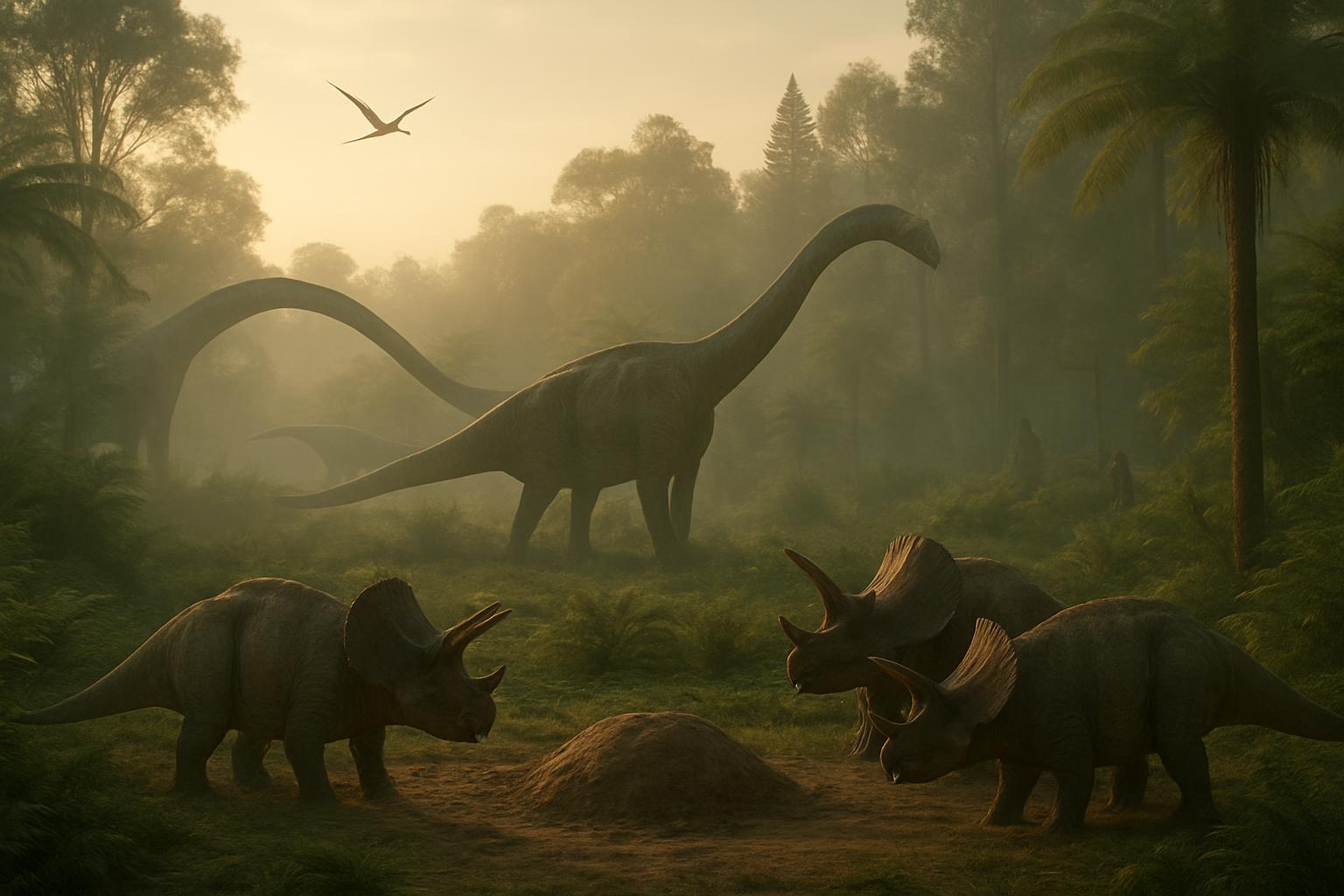 Diplodocus and Triceratops forming a semicircle around an incubator clearing at dawn in the Fern Forest.