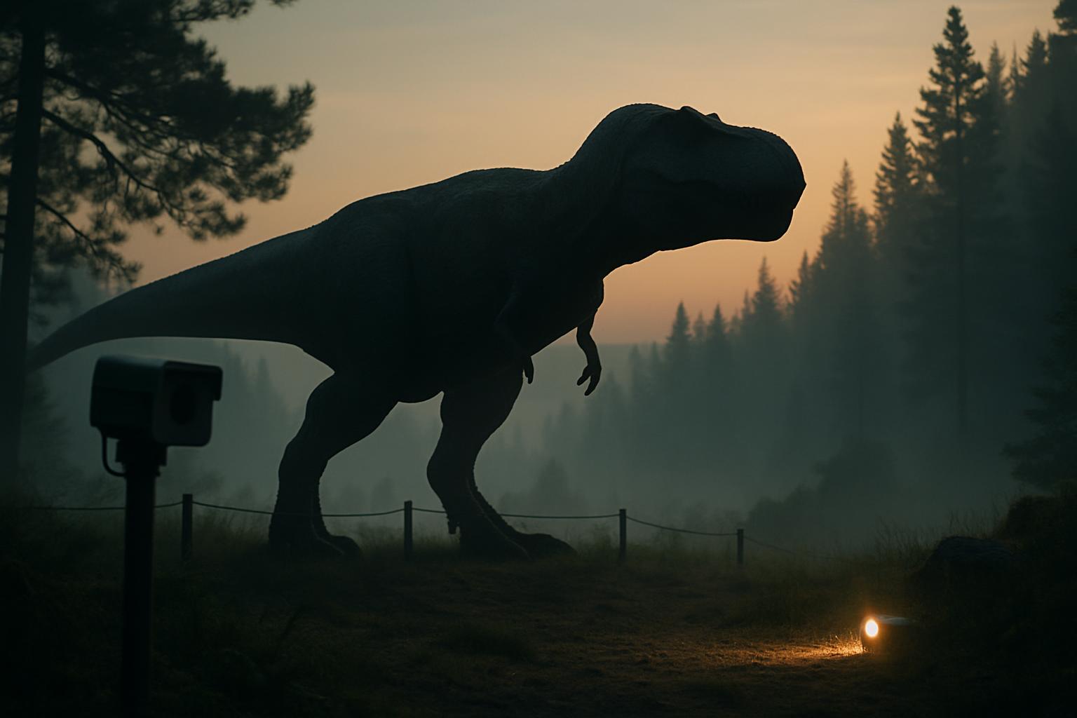 Silhouette of a Tyrannosaurus against the ridge pines at pre-dawn, with monitoring equipment faintly visible in the foreground.