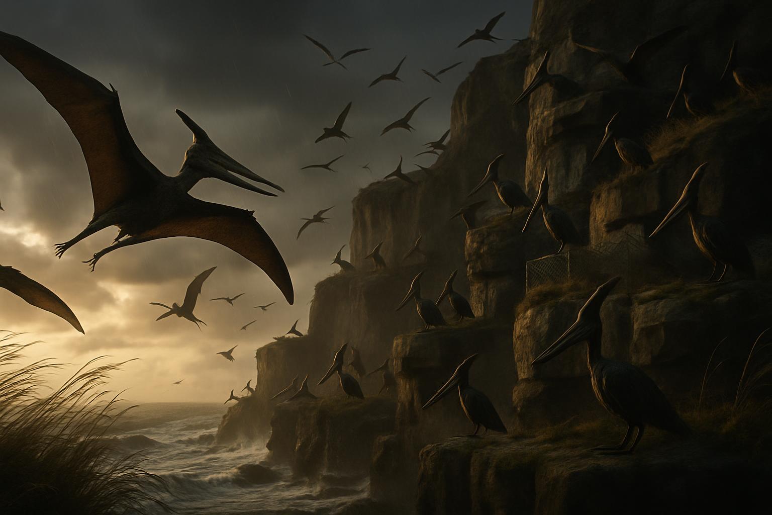 Pteranodons huddled against storm clouds on cliff edges; dramatic winds sweep the sky.