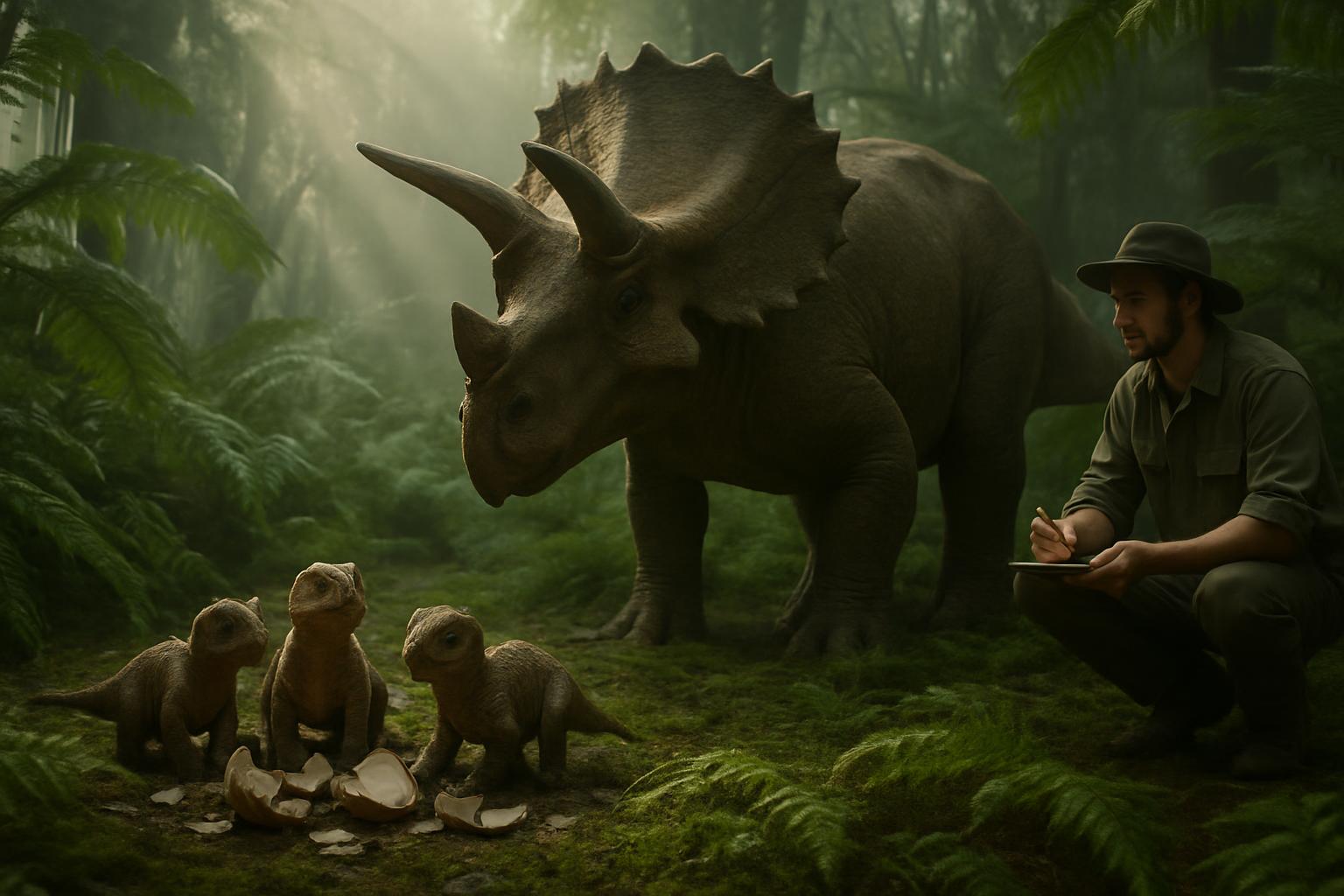 Three newly hatched Triceratops among ferns under the watch of an adult female and a keeper; soft morning light filtering through the canopy.